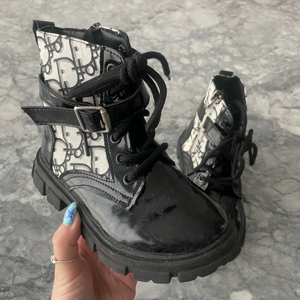 Kids Lace up Patterned Side Zip Buckle Combat Boots Size 30